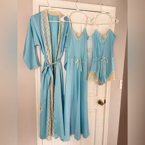 Ricardo Sanchez vintage 60’s 70’s Elegant Blue Lace Trim Sleepwear Set small